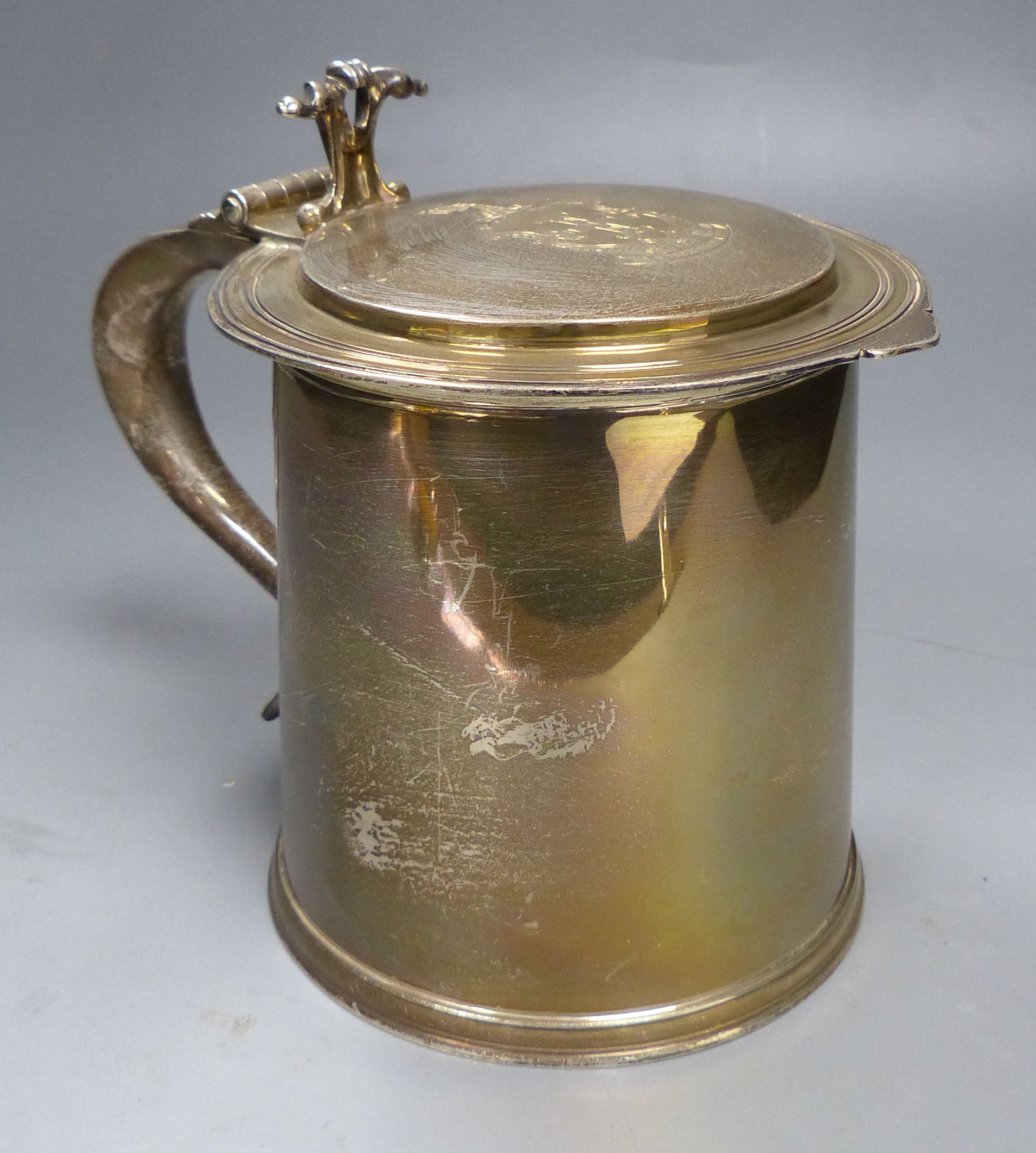 A 1930s 17th century style silver tankard by C. Shapland & Co, London, 1934, height 16.5cm, 30oz.